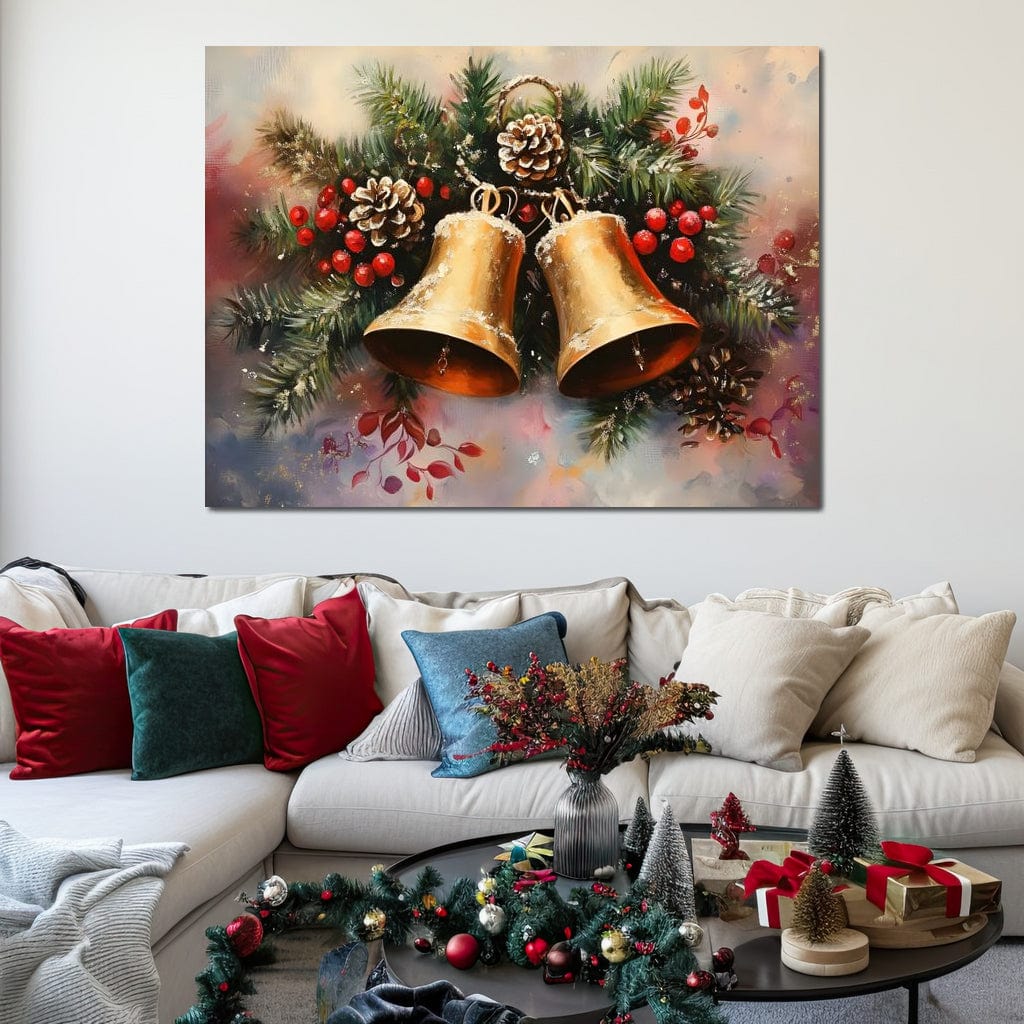 Golden Christmas Bells Garland Canvas Wall Art