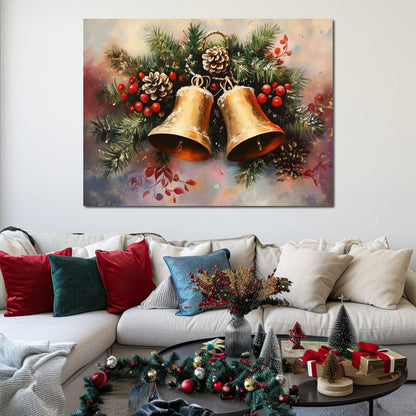 Golden Christmas Bells Garland Canvas Wall Art