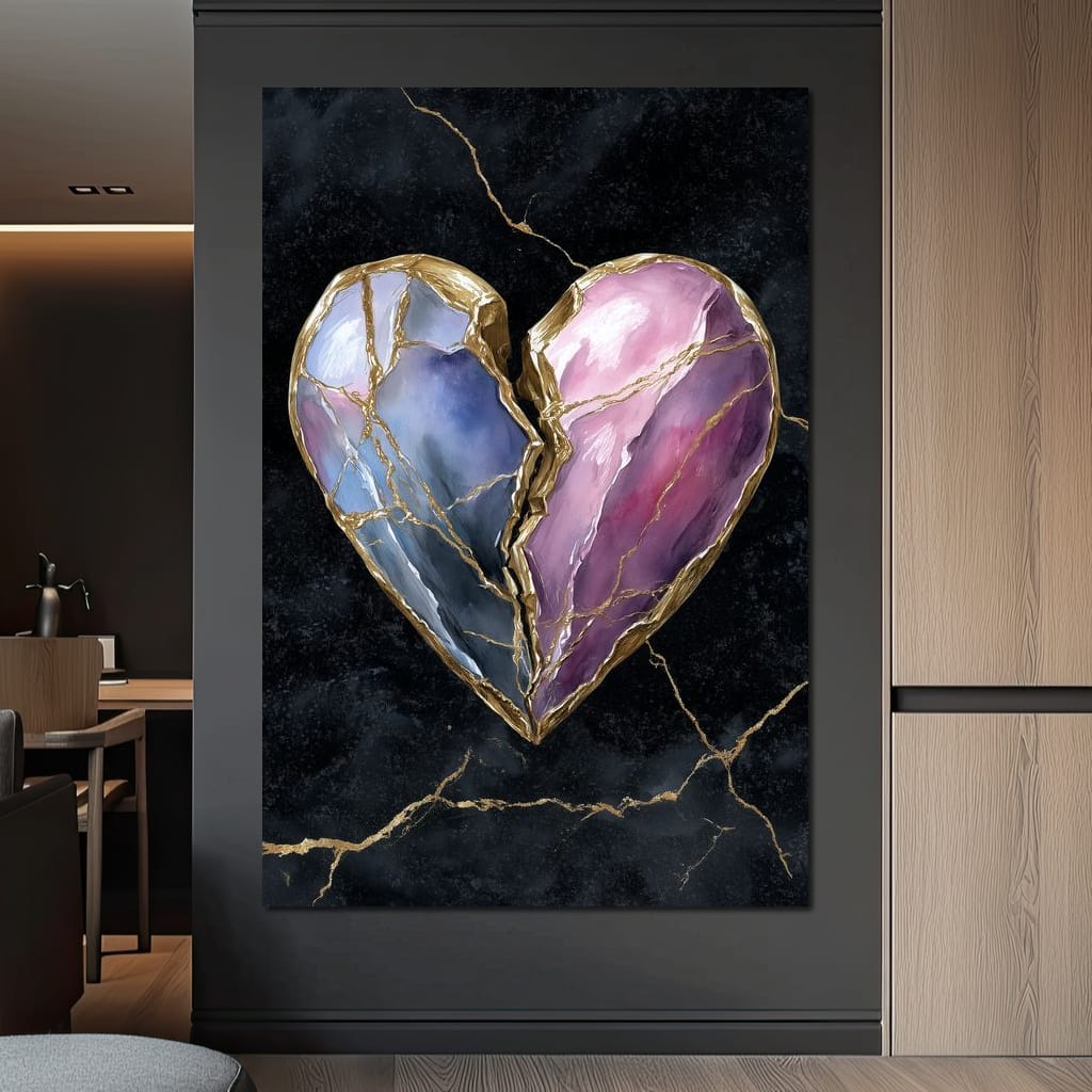 Kintsugi Split Heart Gold Canvas Wall Art