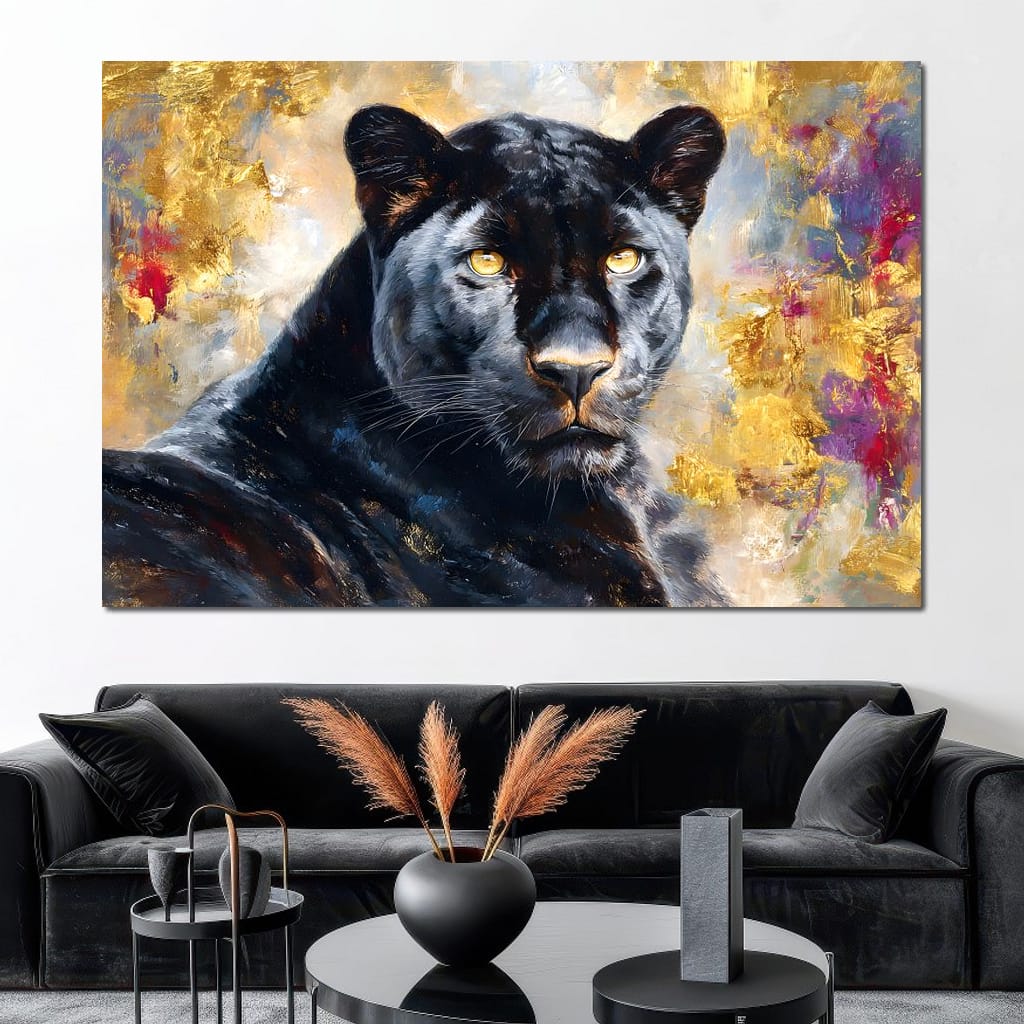 Golden Aura Black Panther Portrait Canvas Wall Art