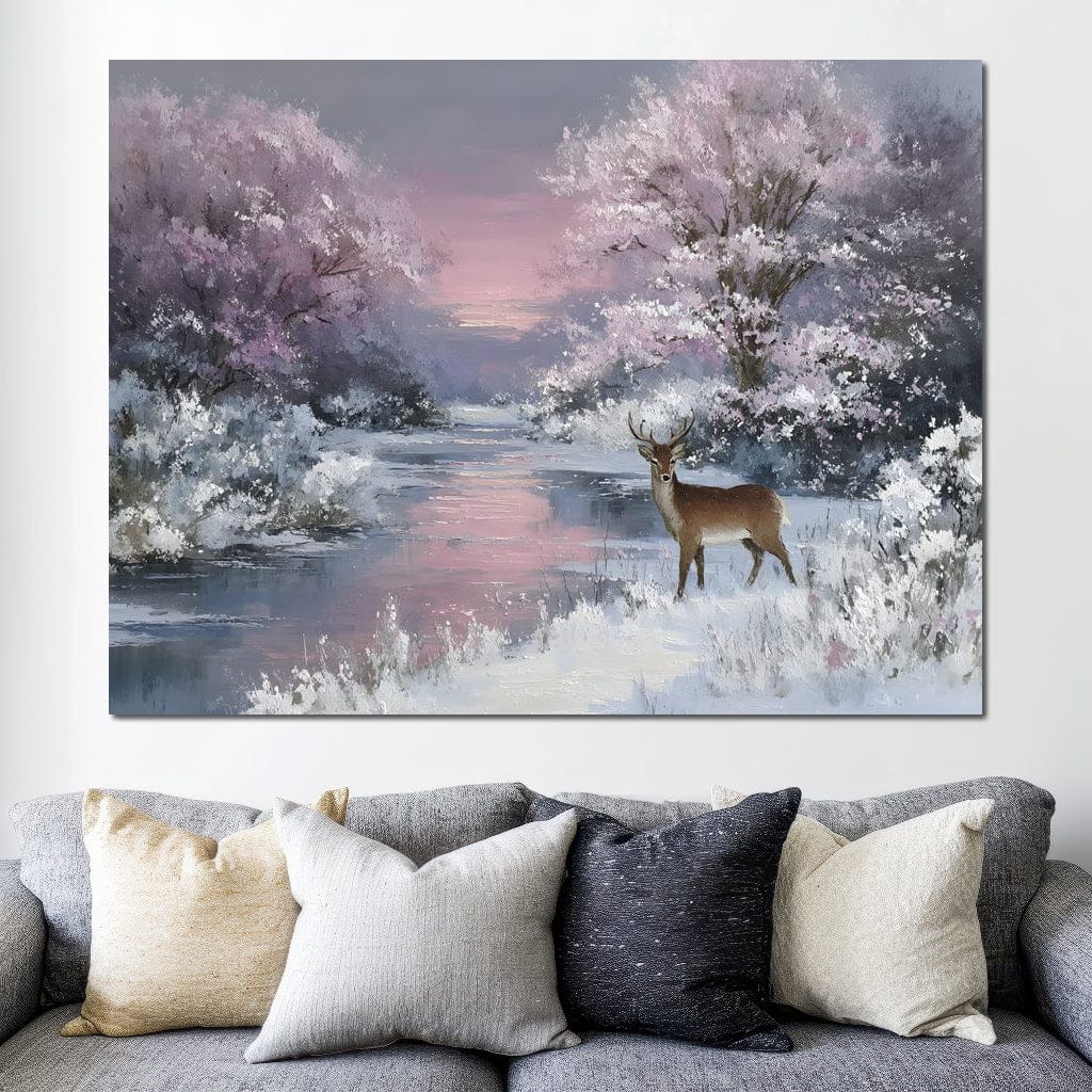 Winter River Deer Sunset Glow Canvas Wall Art