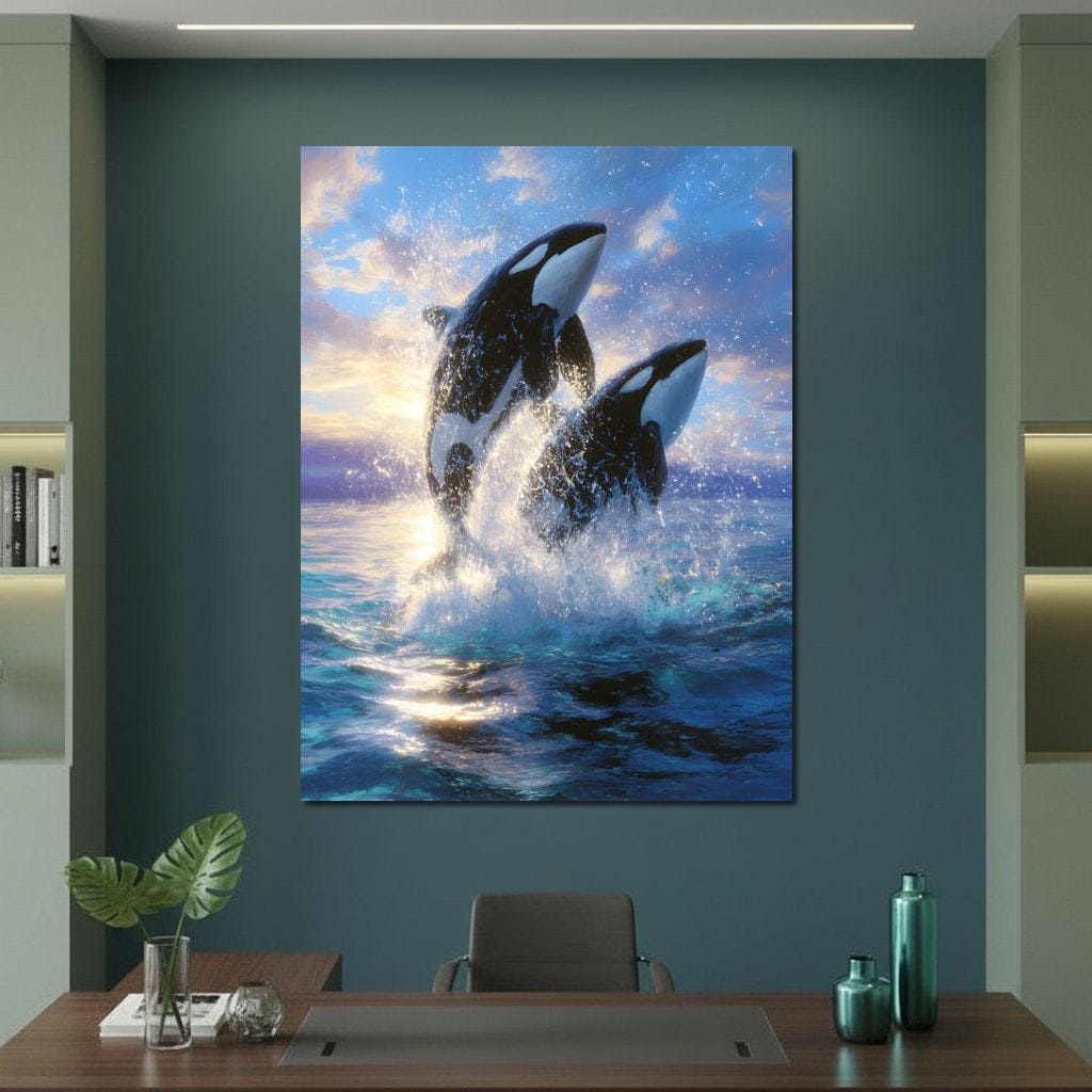 Breaching Orcas Dawn Ocean Dance Canvas Wall Art