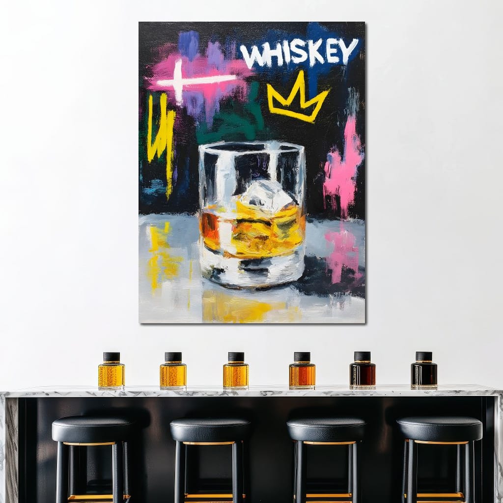 Whiskey Crown Rocks Glass Neon Canvas Wall Art