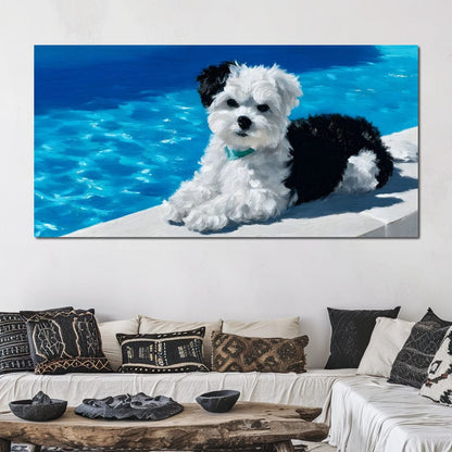 Puppy Relaxation by the Pool Canvas Wall Art