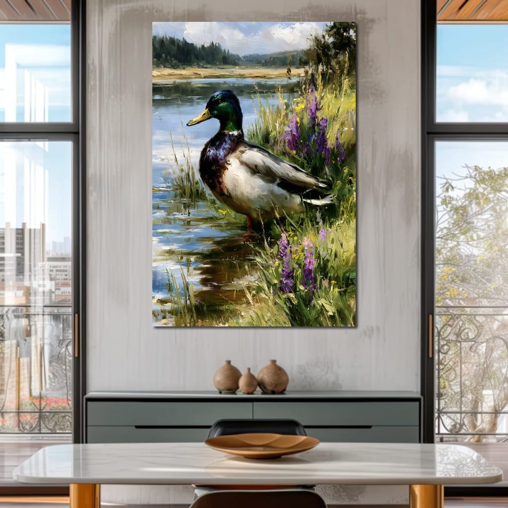 Solitary Mallard By The Still Shore Canvas Wall Art
