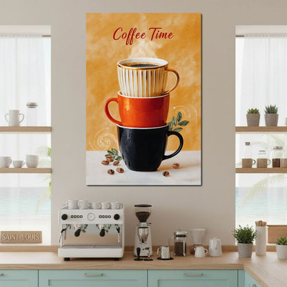 Coffee Time Stacked Mugs Canvas Wall Art