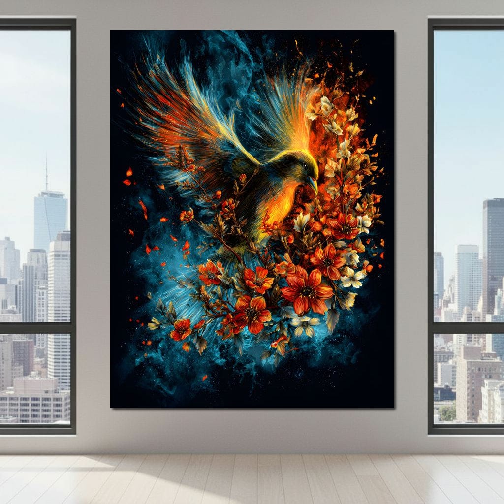 Flaming Phoenix Floral Burst Canvas Wall Art
