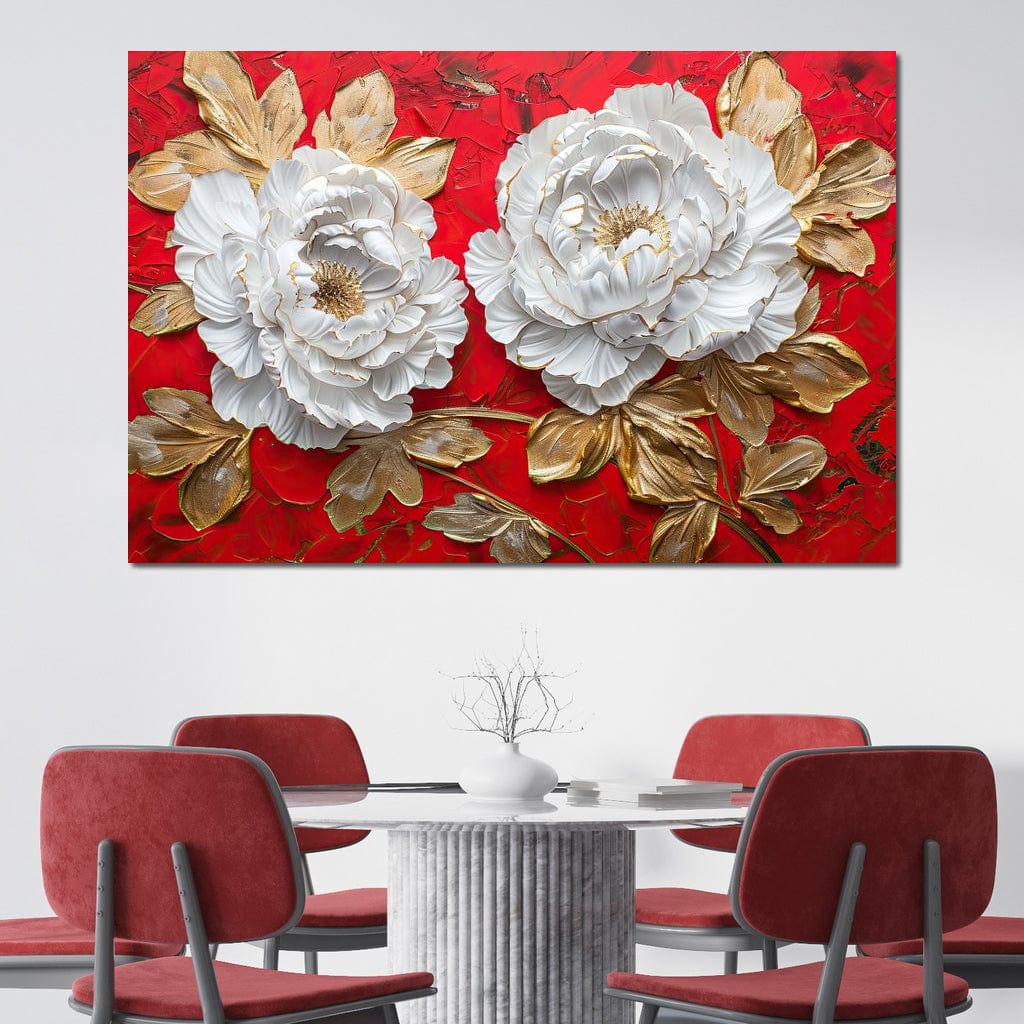 Golden Petals on Ruby Waves Canvas Wall Art