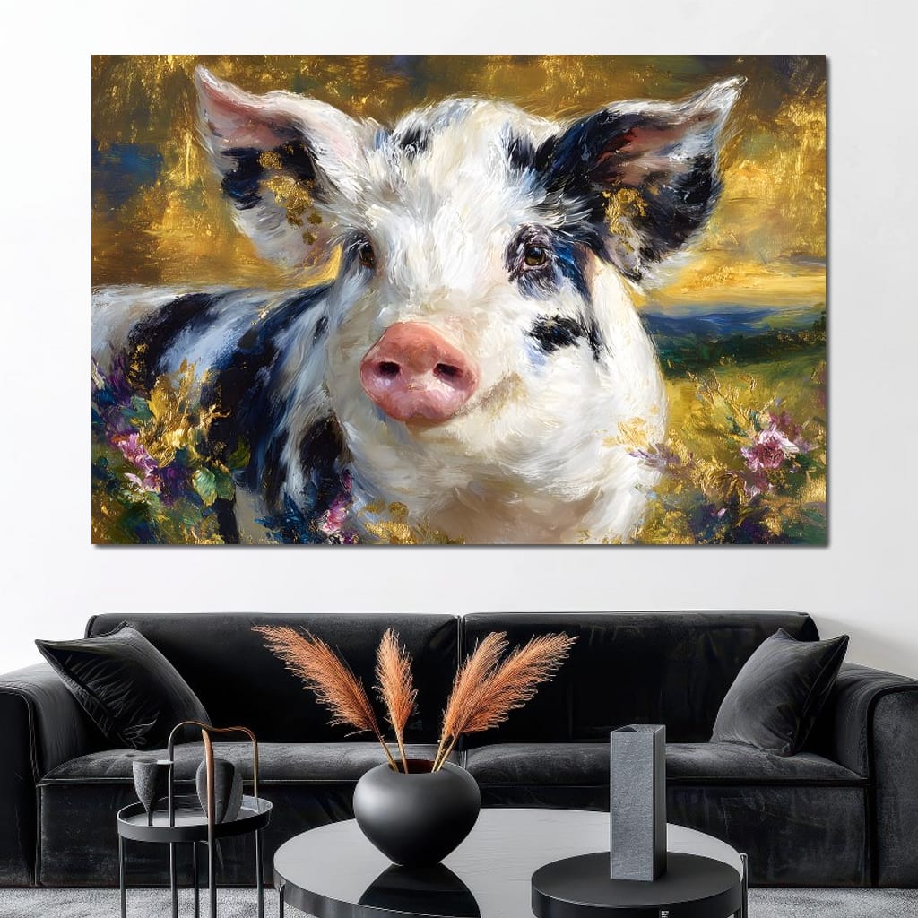 Golden Meadow Piglet Portrait Canvas Wall Art