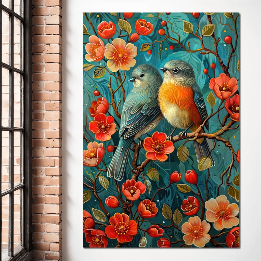 Songbirds Perched in Blooms Canvas Wall Art