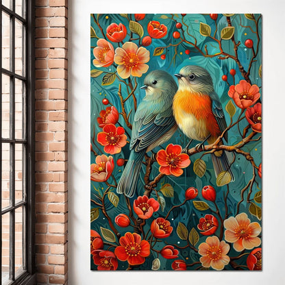 Songbirds Perched in Blooms Canvas Wall Art