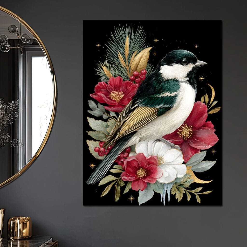Moonlit Floral Gold Chickadee Canvas Wall Art