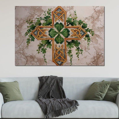 Celtic Cross Clover Wreath Canvas Wall Art