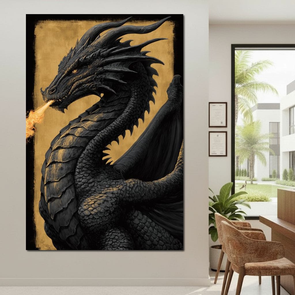 Golden Firebreath Dragon King Canvas Wall Art