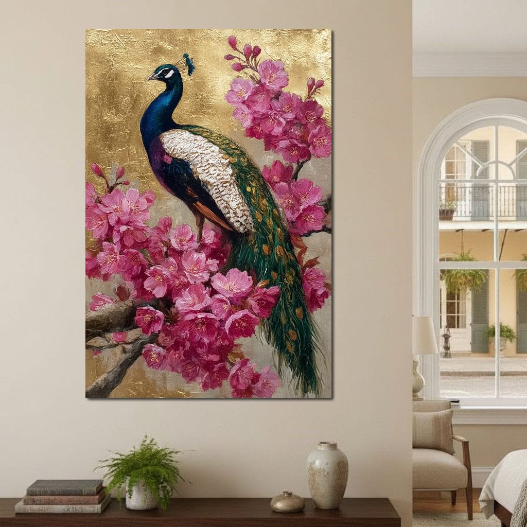 Golden Peacock Cherry Blossom Canvas Wall Art