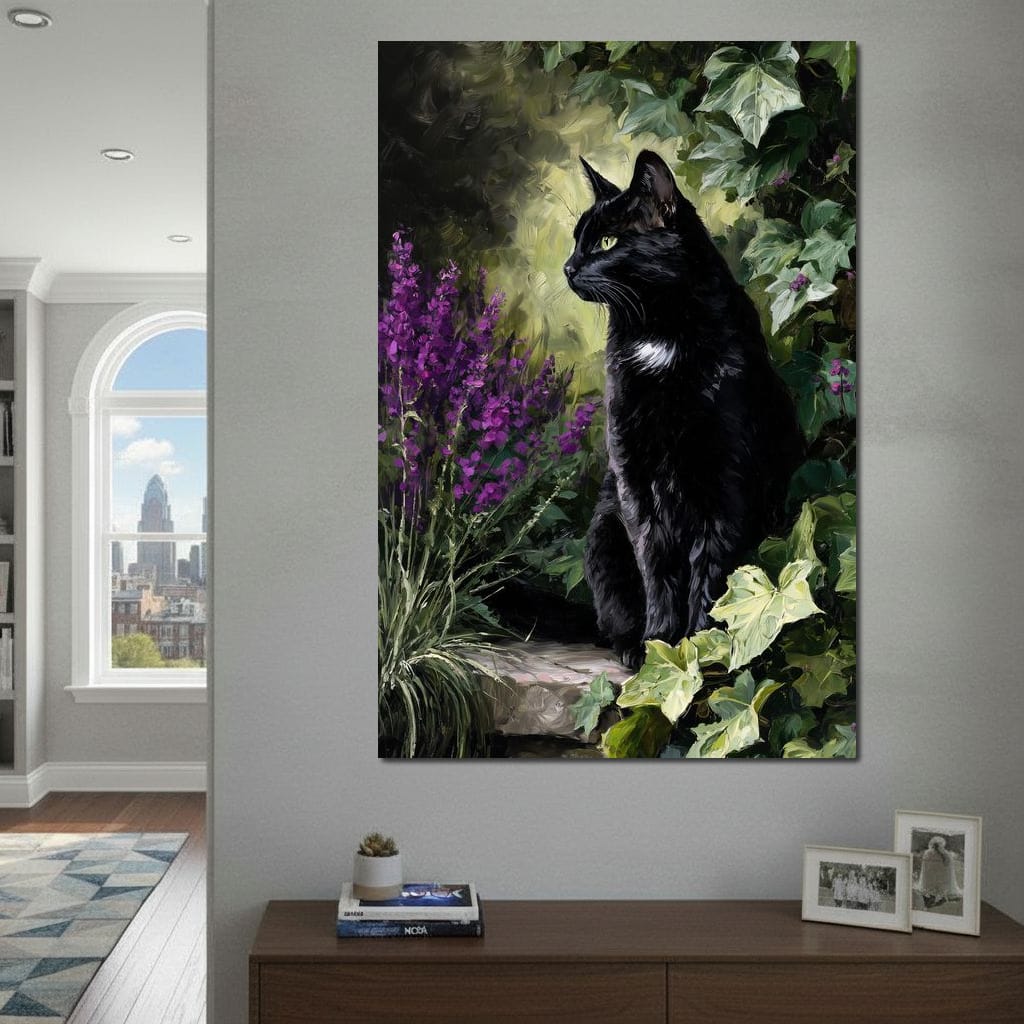 Black Cat Garden Sentinel Canvas Wall Art
