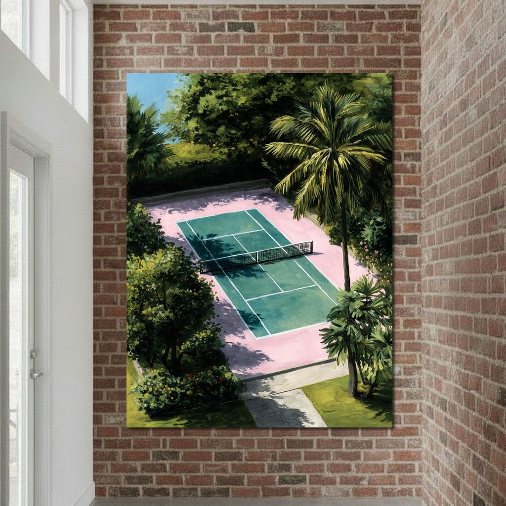 Palm Court Tennis Retreat Scene Canvas Wall Art