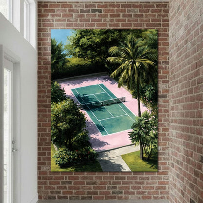 Palm Court Tennis Retreat Scene Canvas Wall Art
