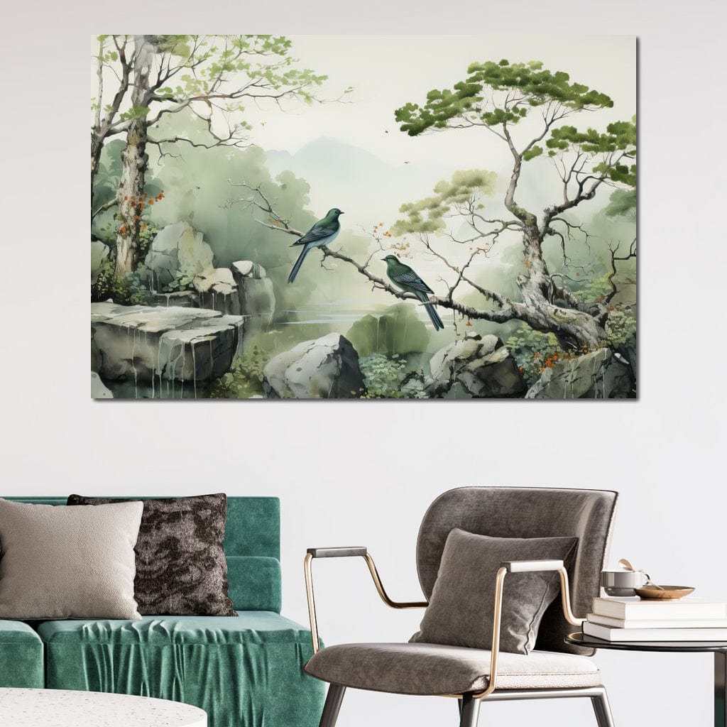 Misty Mountain Aviary Serene Canvas Wall Art