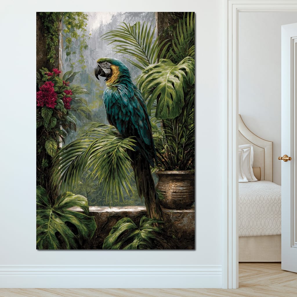 Rainforest Macaw Perch Scene Canvas Wall Art