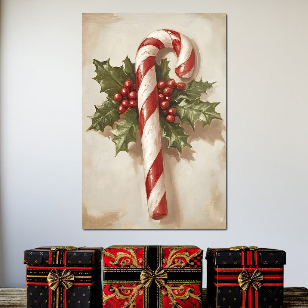 Christmas Candy Cane Holly Joy Canvas Wall Art