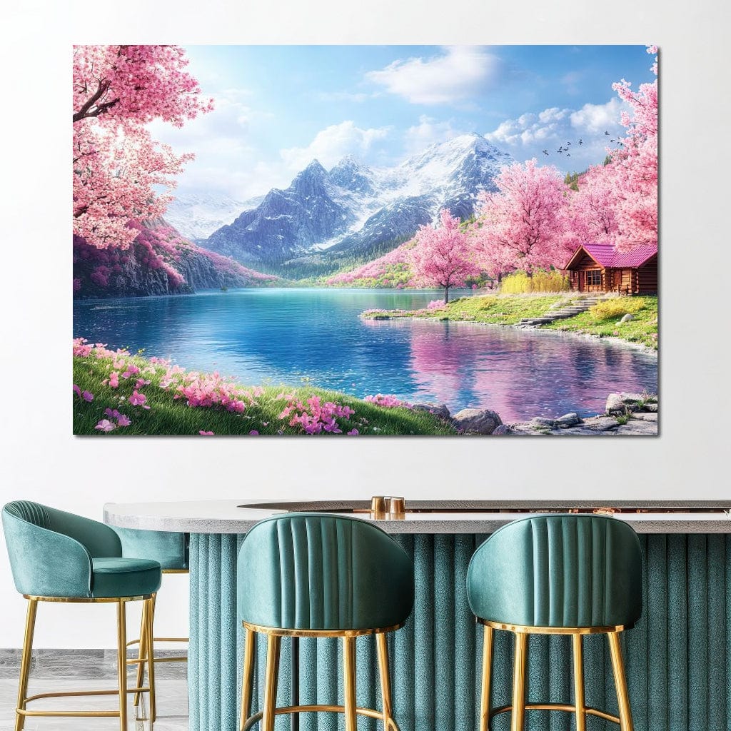 Cherry Blossom Alpine Retreat Canvas Wall Art