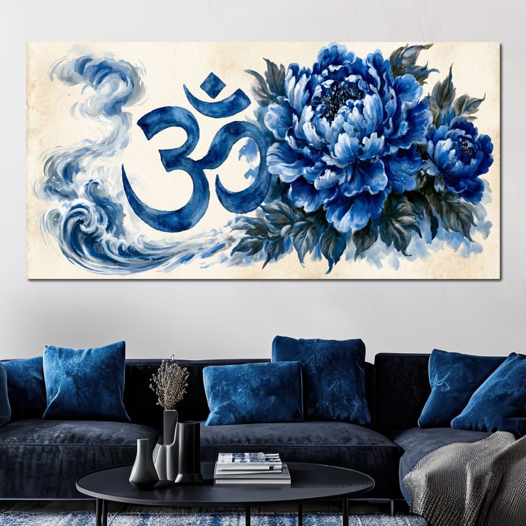 Om Blue Peony Meditation Mood Canvas Wall Art