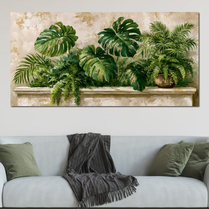 Sun Dappled Foliage On A Plaster Ledge Canvas Wall Art