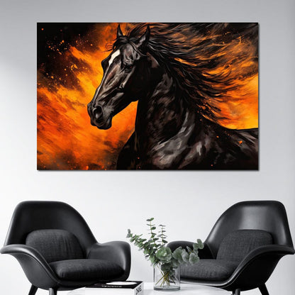 Stallion Amidst Ember Blaze Canvas Wall Art