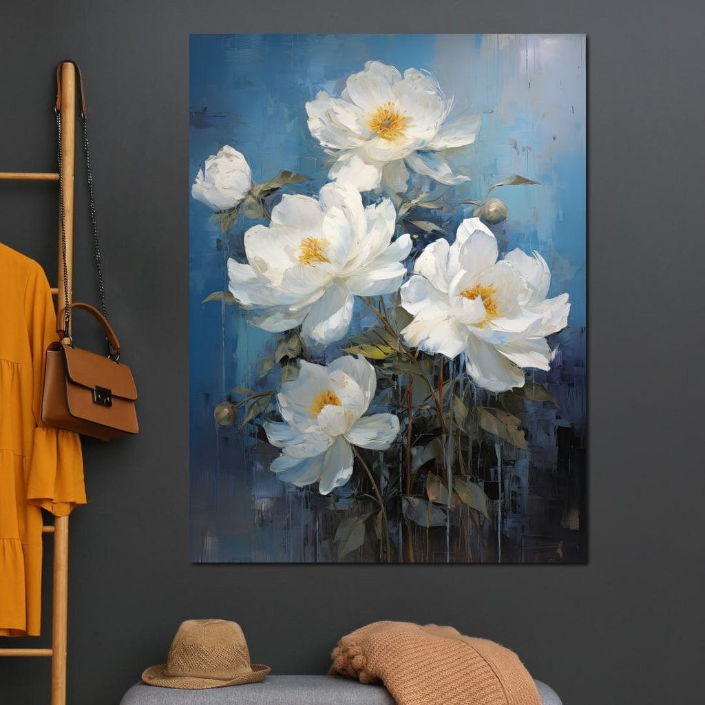White Peonies on Light Blue Background Canvas Wall Art
