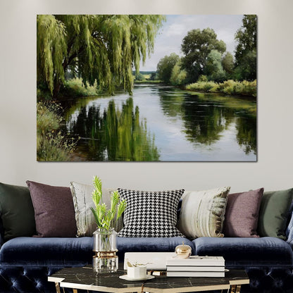 Willow Reflections Along Riverbank Canvas Wall Art