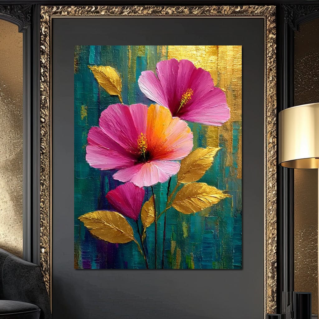 Teal Garden Golden Petals Flourish Canvas Wall Art