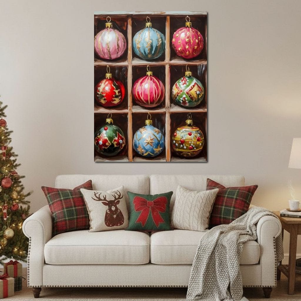 Vintage Christmas Ornaments Grid Canvas Wall Art