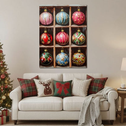 Vintage Christmas Ornaments Grid Canvas Wall Art