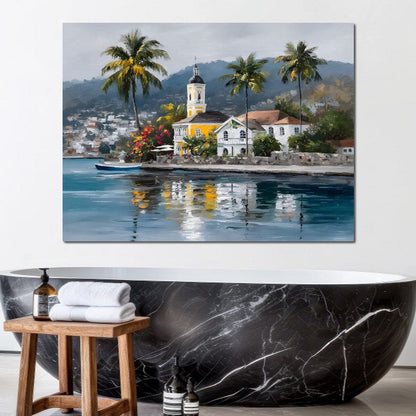 Tropical Harbor Church View Canvas Wall Art
