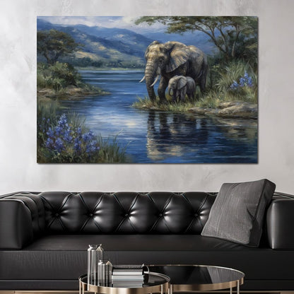 Elephant Family Riverbank Dream Canvas Wall Art