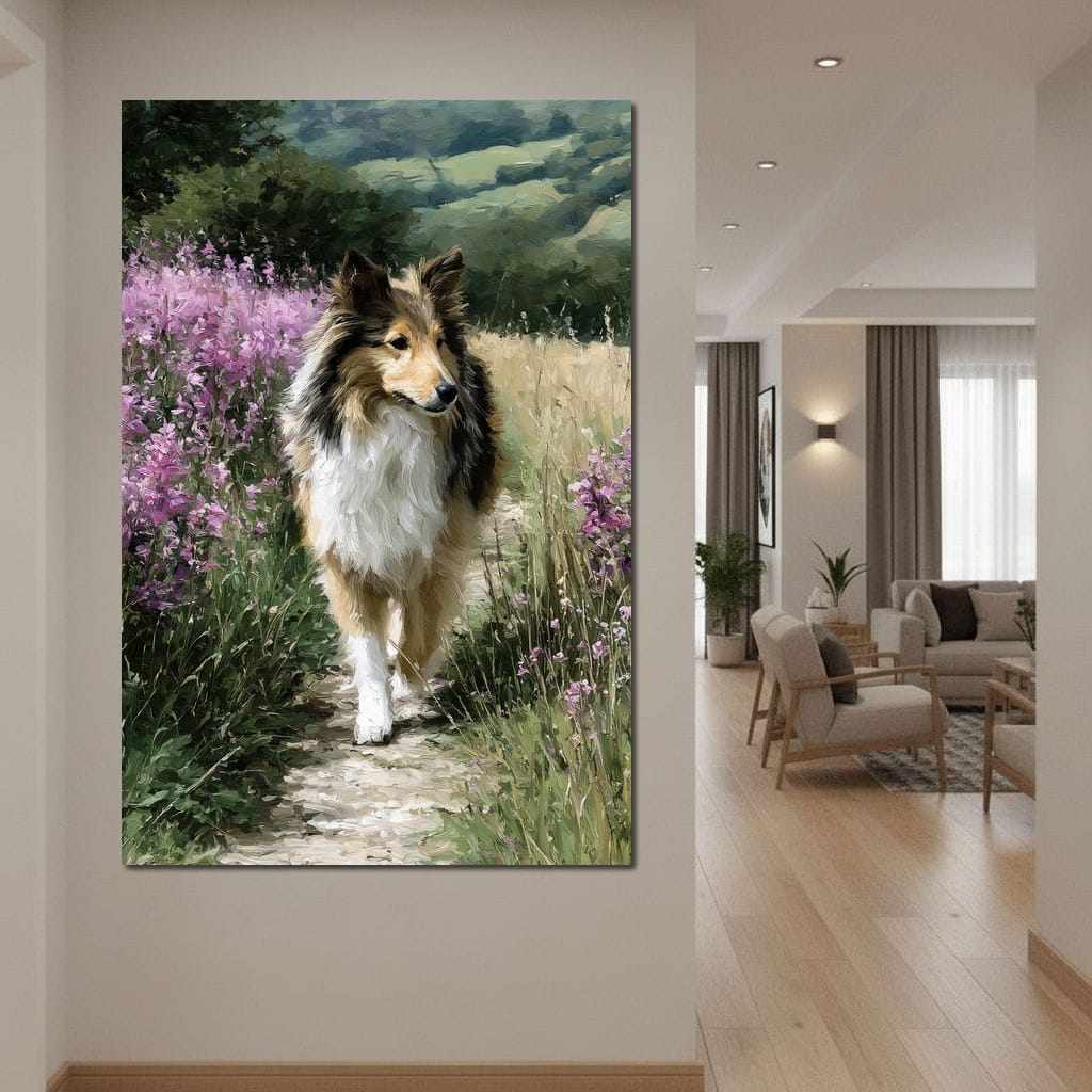 Sheltie Meadow Path Portrait Canvas Wall Art