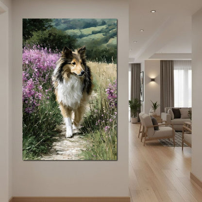 Sheltie Meadow Path Portrait Canvas Wall Art