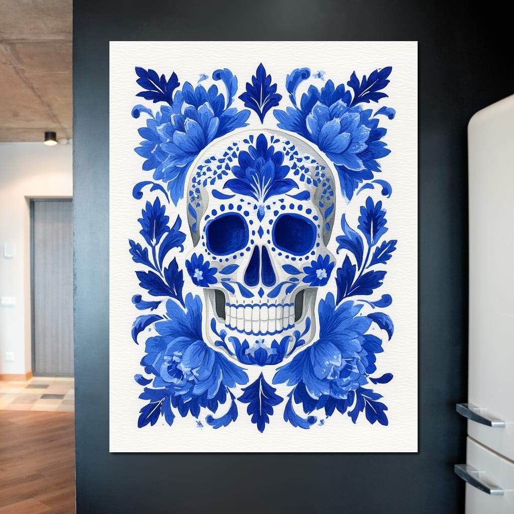 Blue Floral Sugar Skull Folkstyle Canvas Wall Art