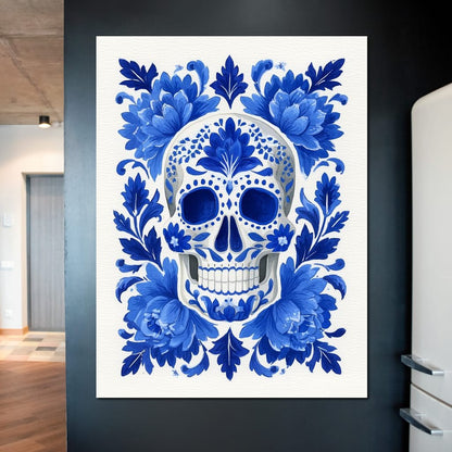 Blue Floral Sugar Skull Folkstyle Canvas Wall Art