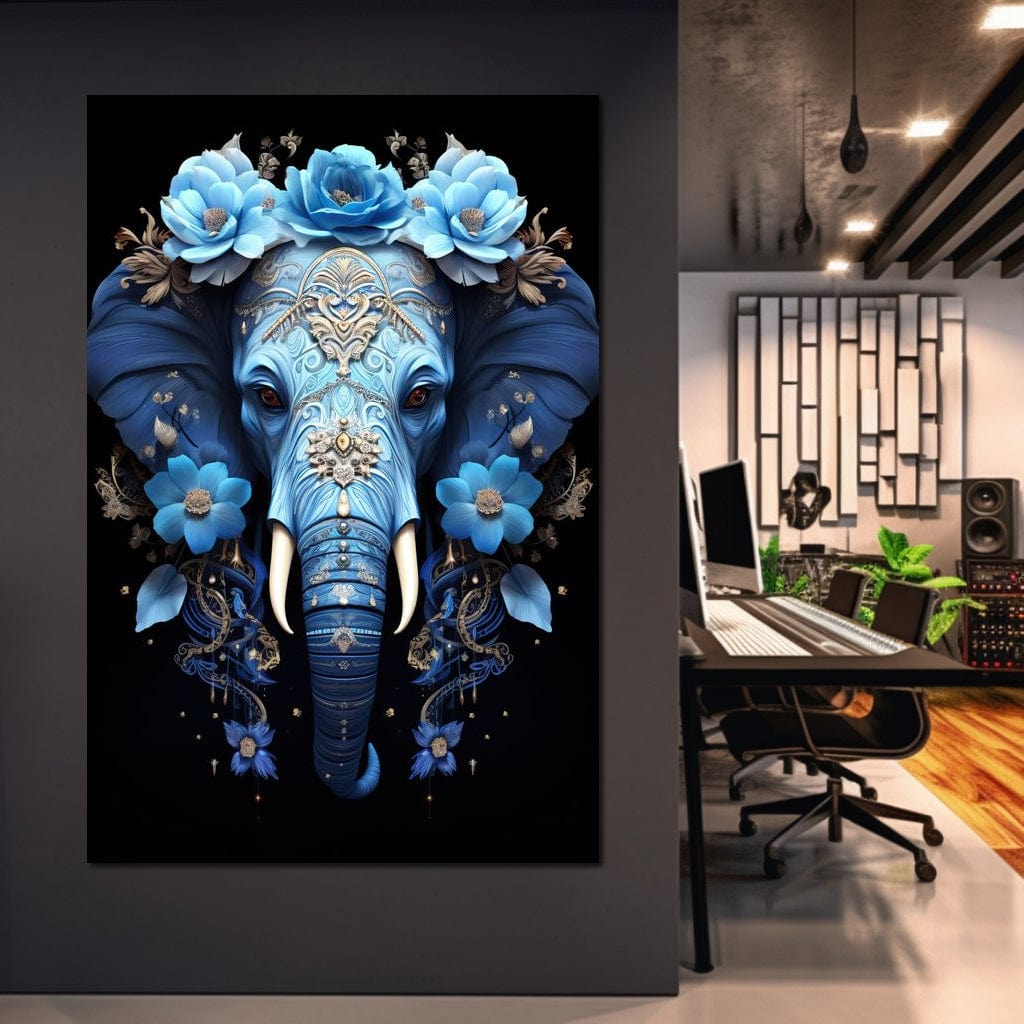 Elephant Bloom in Mystic Blue Canvas Wall Art