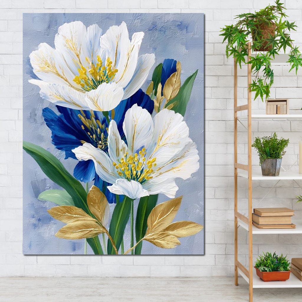 White Peony Blue Petals Gold Canvas Wall Art