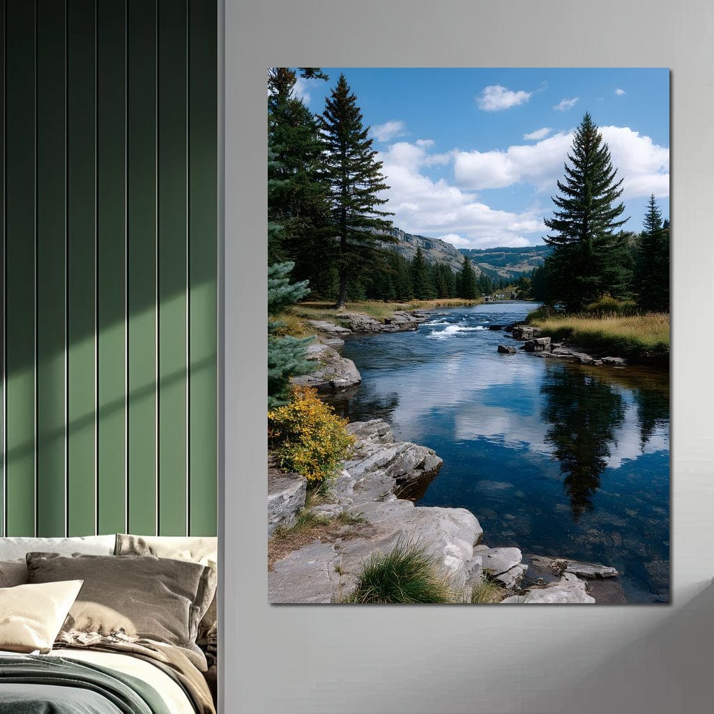 Mountain River Pines Reflection Canvas Wall Art
