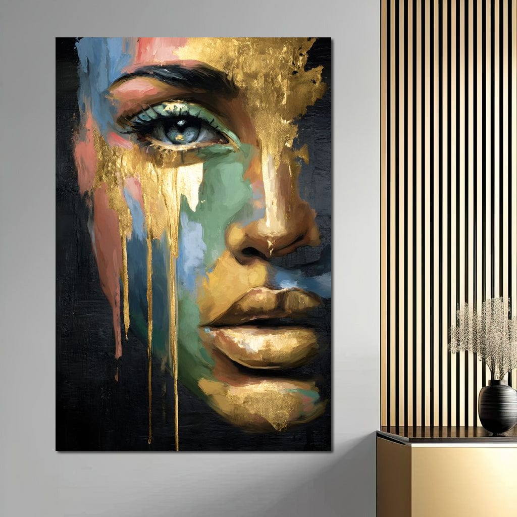 Radiant Gold Drip Face Painting Canvas Wall Art