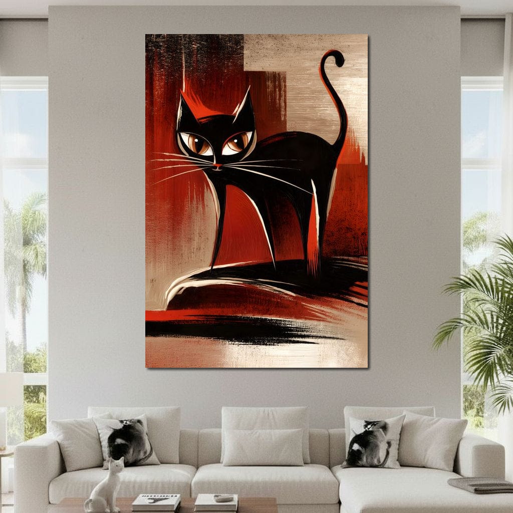Mid Century Black Cat Stare Canvas Wall Art