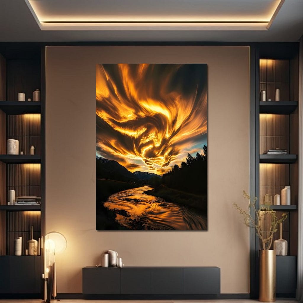 Golden Skies Over River Glow Canvas Wall Art