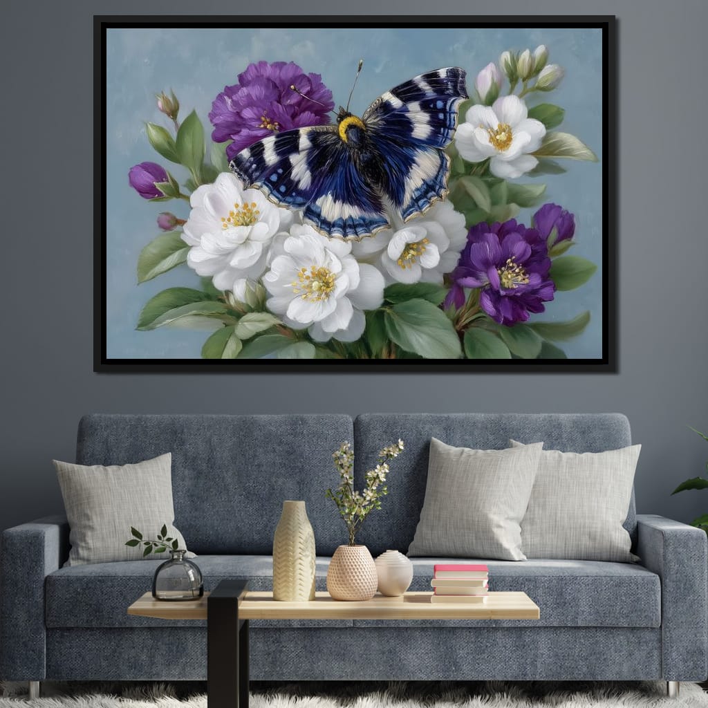 Blue Butterfly Garden Blossom Canvas Wall Art