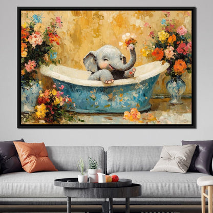 Elephant Joy in Floral Bath Canvas Wall Art