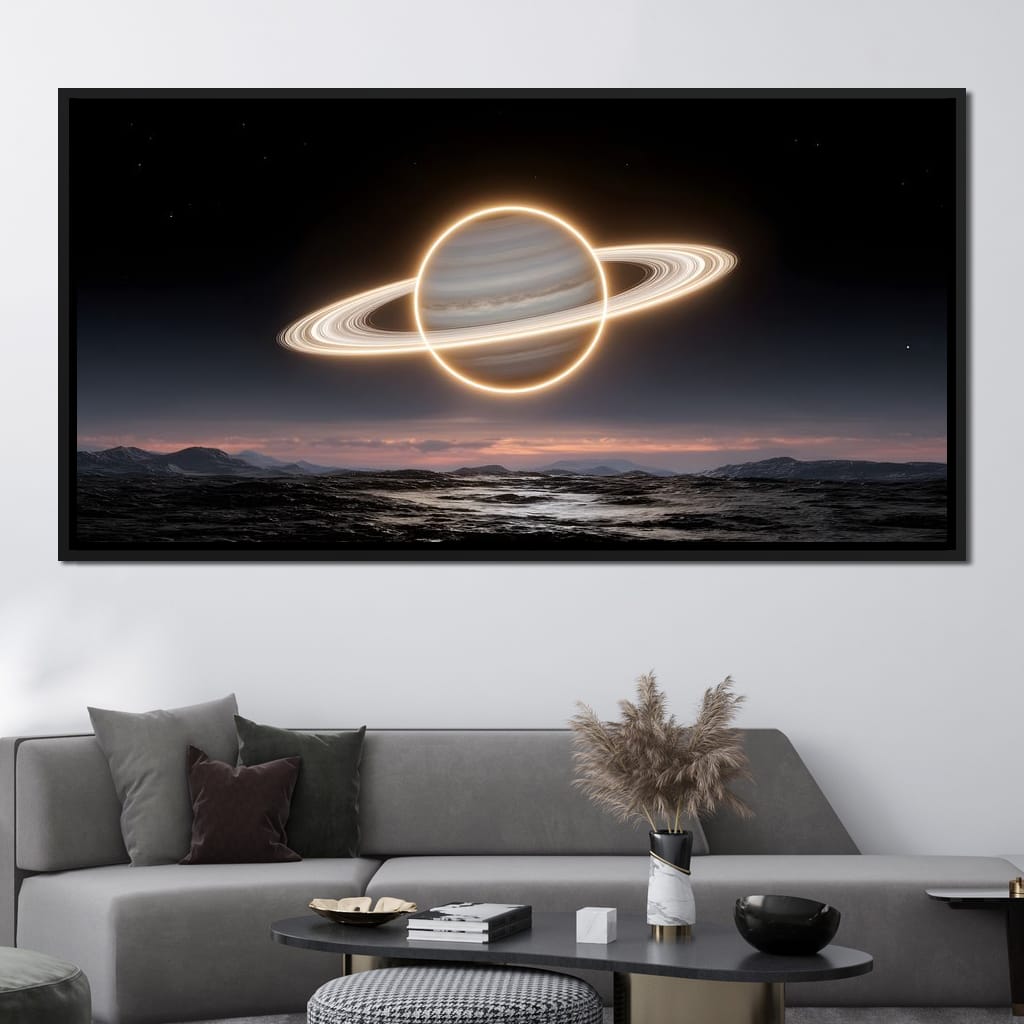 Luminous Saturn Over Alien Sea Canvas Wall Art