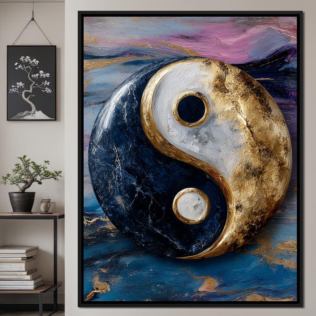 Golden Yin Yang Balance Flow Canvas Wall Art